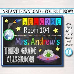 a chalkboard sign that says welcome room 104 mrs andrew's third grade classroom