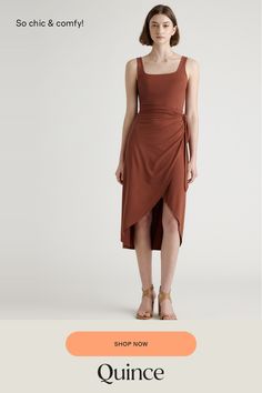 Upgrade your wardrobe with the Tencel Jersey Side Tie Dress, a luxurious and versatile piece that will make you feel confident and elegant for any occasion. Made from premium Tencel fabric, this dress offers a silky smooth texture that drapes beautifully over your curves. Simply pair it with your favorite sandals or heels and accessories for a complete look that's both comfortable and chic.  | Quince | Women's Tencel Jersey Side Tie Midi Dress in Brown, Size Medium Elegant Wrap Dress With Asymmetrical Hem For Date Night, Solid Color Draped Ruched Dresses, Solid Color Draped Dress With Ruched Details, Solid Color Ruched Draped Dress, Ruched Draped Dress, Elegant Sleeveless Dress With Ruched Back, Flattering Summer Midi Dress With Ruched Bodice, Fitted Sleeveless Ruched Wrap Dress, Fitted Sleeveless Wrap Dress With Ruched Details