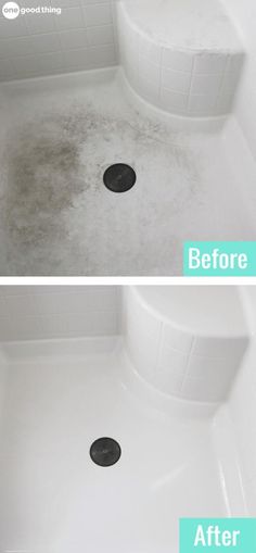 the before and after pictures of a shower with water on it's side, showing how to clean bathtub