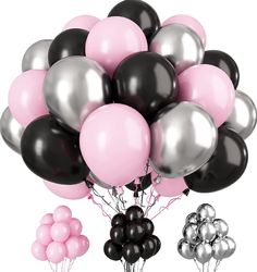 a bunch of black and silver balloons are in the shape of a tree with pink and gray ones