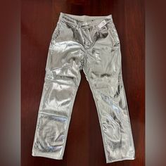 Never Worn! Metallic Leather, Thick Good Quality Material Casual Metallic Bottoms With Pockets, Trendy Gap High Waist Pants, Equestrian Pants, Olive Green Cargo Pants, Coral Pants, Straight Leg Khakis, Metallic Pants, Beige Pants, Green Cargo Pants