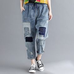 Patchwork Denim Pants 2020 Summer New Elastic Waist Hole Tie Casual Ankle-Length Women Vintage Jeans Pants L0047 Non-stretch Dark Wash Patchwork Jeans, Casual Relaxed Fit Pants With Patchwork, Casual Patchwork Bottoms With Relaxed Fit, Denim Blue Patchwork Jeans, Spring Patchwork Straight Leg Jeans, Summer Denim Patchwork Pants, Summer Denim Pants With Patchwork, Casual Wide Leg Patchwork Pants, Summer Patchwork Denim Pants