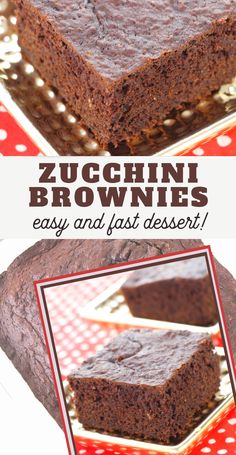 chocolate zucchini brownies on a plate with the title overlay reads, zucchini brownies easy and fast dessert