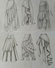 four different types of dresses drawn in pencil on paper, each with ruffles