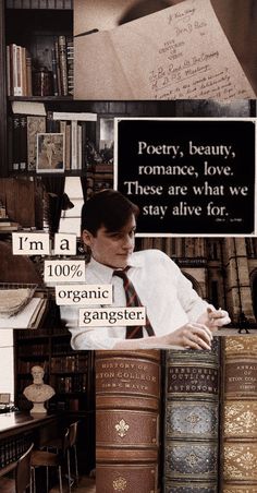 a collage of books and pictures with the words poetry, beauty, romance, love, these are what we stay alive for