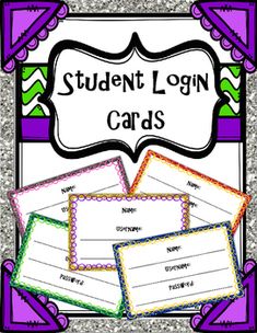 student log cards with purple and green border on the bottom, in front of a silver background