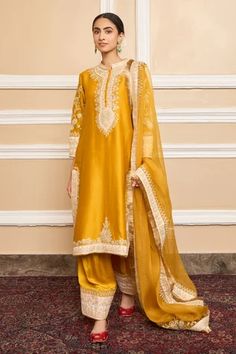 Shop for Sheetal Batra Yellow Kashmiri Tilla Embroidered Kurta Set for Women Online at Aza Fashions Sheetal Batra Designer, Mustard Yellow Suit Indian, Embroidered Silk Salwar Kameez, Sheetal Batra, Satin Salwar, Applique Kurta, Satin Kurta, Satin Dupatta, Tilla Embroidery