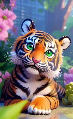 a close up of a stuffed animal tiger near some flowers and plants with bright green eyes