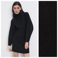 Nwt. Zara Black Knit Mini Dress With Gathered Waist, Long Sleeves High Neckline, Elastic Waistband And A Flared Hem, Back Zipper Closure. Size L. Ref. 6254/004. Pit To Pit 20" Flat, Sleeves From Neckline 28,5", Waist 12,5", Length 36". F Black Long Sleeve Bodycon Sweater Dress, Black Bodycon Sweater Dress For Spring, Black Sweater Dress For Spring Night Out, Black Sweater Dress For Night Out In Spring, Black Bodycon Sweater Dress For Winter, Black Sweater Dress For Winter Evenings, Black Sweater Dress For Evening In Winter, Black Winter Evening Sweater Dress, Stretch Mini Sweater Dress For Work