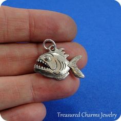 Piranha Charm - Silver Plated Piranha Charm for Necklace or Bracelet Pandora Beads, Fishing Theme, Large Hole Beads, Fishing Gifts, Cute Charms, Lovely Necklace, Pandora Bracelet, Beaded Dangles, Jump Rings