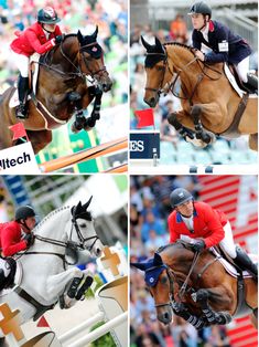 four pictures of horses and riders jumping over an obstacle at a horse show, with spectators in the stands watching