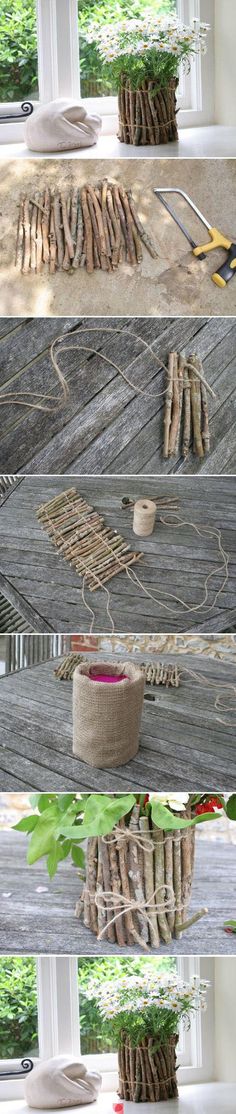 four different pictures showing the steps to make a planter out of sticks and rope