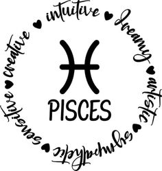 the pisces symbol with some other zodiac symbols in black ink on a white background