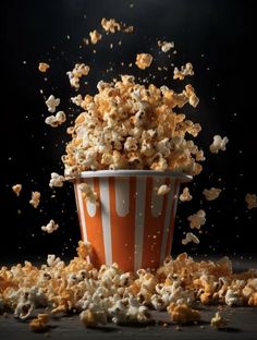 popcorn is falling into a striped cup