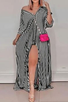 Women's Striped Long Dresses, V-Neck Party Dating Casual Dress T Shirt Dresses Outfits, V Neck Shirt Dress, Striped Long Sleeve Maxi Dress For Summer, Chic Dresses With Vertical Stripes For Party, Striped Maxi Dress For Summer Evenings, Striped Summer Evening Dresses, Elegant Striped Dress For Night Out, Striped Evening Dresses For Summer, Elegant Striped Maxi Dress For Spring