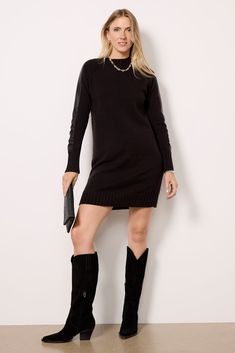 A leather sleeve detail puts an edgy twist on this stylish sweater dress by EVEREVE, finished with a front center seam detail and wide ribbed trim. Add a chain necklace and knee-high boots for a chic night-out look. Stylish Sweater, Stylish Sweaters, Leather Sleeve, Sleeve Detail, Get Dressed, Large Black, High Boots, Knee High Boots, Switzerland