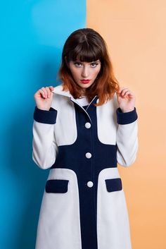 White and blue soft wool coat 60s retro mod set custom made White Retro Outerwear With Buttons, Retro White Outerwear With Buttons, White Fitted Retro Outerwear, 60s Retro, Womens Jackets, Blue Soft, Soft Wool, Wool Coat, Suits You