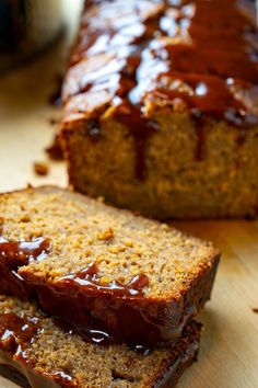 two slices of banana bread with chocolate glaze