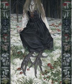 a painting of a woman with long hair in a black dress sitting on the ground