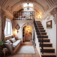 a living room filled with furniture next to a stair case