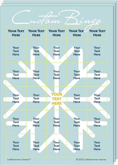 Stack of Custom Bingo game cards with a big snowflake on a light blue background New Years Bingo Printable For Kids, New Year Bingo Card, New Years Bingo Card, Holiday Party Design, Christmas Music Bingo, Snowflake Printable, Winter Solstice Party, Wedding Bingo, Writing Photography