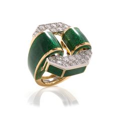 Add a vibrant statement ring to your collection. This colorful variation on the David Webb Tire Ring features platinum-set diamonds, green enamel, and 18K gold. Formal Round Enamel Diamond Ring, Luxury Green Diamond Ring With Brilliant Cut, White Gold Enamel Ring For Formal Occasions, Fine Jewelry Enamel Ring With Brilliant Cut Diamond, Fine Jewelry Diamond Enamel Ring With Brilliant Cut, Luxury Enamel Ring With Single-cut Diamonds, Diamond Enamel Ring With Diamond Accents For Anniversary, Formal Enamel Ring With Single Cut Diamonds, Formal Round Enamel Ring With Single Cut Diamonds