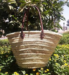 a large woven basket hanging from a tree