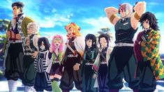 anime characters standing together in front of a blue sky