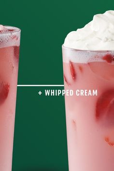 two drinks with whipped cream and strawberries in them on a green background text reads, whipped cream