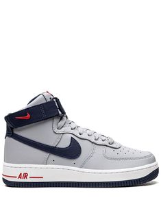 wolf grey/college navy/university red canvas/leather signature Swoosh logo detail ankle touch-strap fastening front lace-up fastening round toe flat rubber sole These styles are supplied by a premium sneaker marketplace. Stocking only the most sought-after footwear, they source and curate some of the most hard to find sneakers from around the world. Air Force 1 High Tops, Mid Shoes, Nike Air Force 1 High, Air Force 1 High, Navy Outfit, Top Sneakers Women, Red Canvas, Planet People, Nike T