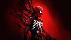 the amazing spider - man is standing in front of a red background with black branches