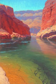 an oil painting of water and rocks in the desert