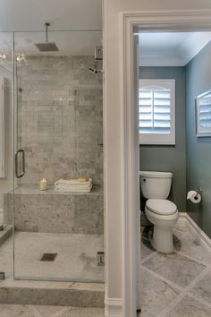 a bathroom with a walk in shower next to a toilet