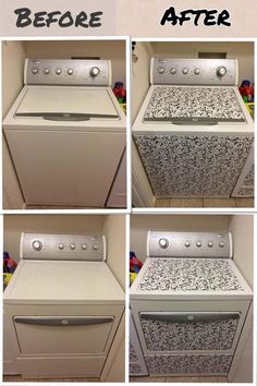 four pictures show the before and after of a washer and dryer in different stages of being cleaned