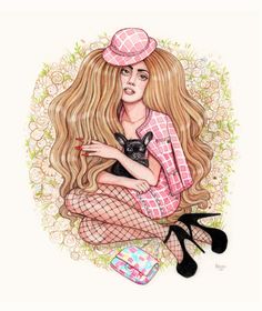 a drawing of a woman with long hair and a cat in her lap sitting on the ground