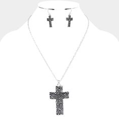 Necklace Size : 20" + 3" L Pendant Size : 1.5" X 2.6" Earring Size : 1.4" L Metal Cross Pendant For Jewelry Making, Nickel-free Metal Cross Pendant Jewelry, Nickel-free Metal Cross Jewelry, Western Cross, Necklace Size, Antique Metal, Cross Pendant Necklace, Necklace Sizes, Cross Pendant