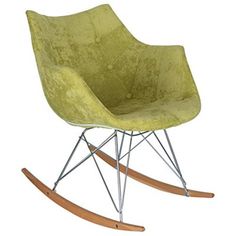 a green rocking chair with metal legs and wooden feet on an isolated white background for use in interior design