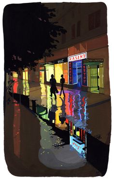 a painting of people walking down the street in front of stores at night with lights reflecting on the wet pavement