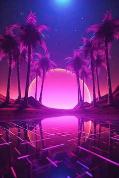 the sun is setting behind palm trees in front of a pink and purple background with neon lights