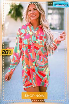 Multicolor Geometric Abstract Print Long Sleeve Shirt Dress Colorful Long Sleeve Blouse For Summer, Multicolor Shirt Dress For Vacation, Spring Abstract Print Collared Blouse, Spring Collared Blouse With Abstract Print, Multicolor Collared Shirt Dress For Vacation, Collared Multicolor Shirt Dress For Beach, Casual Geometric Pattern Blouse For Spring, Colorful Pattern Long Sleeve Summer Blouse, Casual Spring Blouse With Geometric Pattern