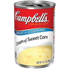 campbell's cream of sweet corn soup is shown in a can on a white background