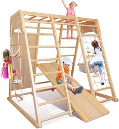 three children climbing up and down a wooden play structure with ladders on each side