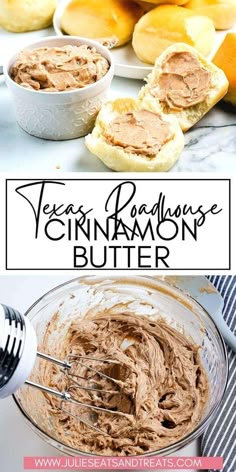 there is a bowl with peanut butter in it and the words texas bagels cinnamon butter