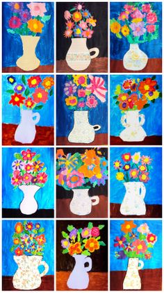 six pictures of different vases with flowers in them on a blue and brown background