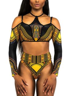 African Style Long Sleeve Bikini Set – Thekittenpark Off Shoulder Bathing Suit, Push Bra, Beachwear Collection, Swimming Suit, Two Piece Swimwear, New Africa, African Style, Swimsuit Set, Retro Women