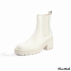 Olivia Mark - Premium Solid Color Chunky Heel Booties - Sleek Ivory White High Heel Ankle Boots with Waterproof Platform and Low Barrel Design White High Heel Boots, Casual Work Shoes, Chunky Heel Booties, Chunky Heel Ankle Boots, White High Heels, Chunky Heels Boots, Heel Ankle Boots, High Heel Boots Ankle, Genuine Leather Shoes