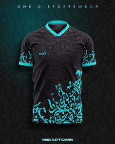 a soccer jersey with blue and black designs on it