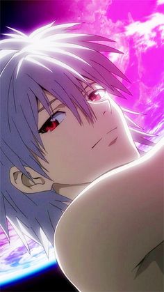 an anime character with purple hair and red eyes looking at the earth from behind him