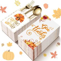 two thanksgiving place cards with forks and spoons