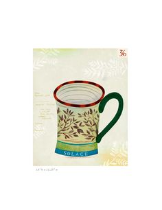 a painting of a coffee cup with leaves on the bottom and green handles, sitting in front of a white background